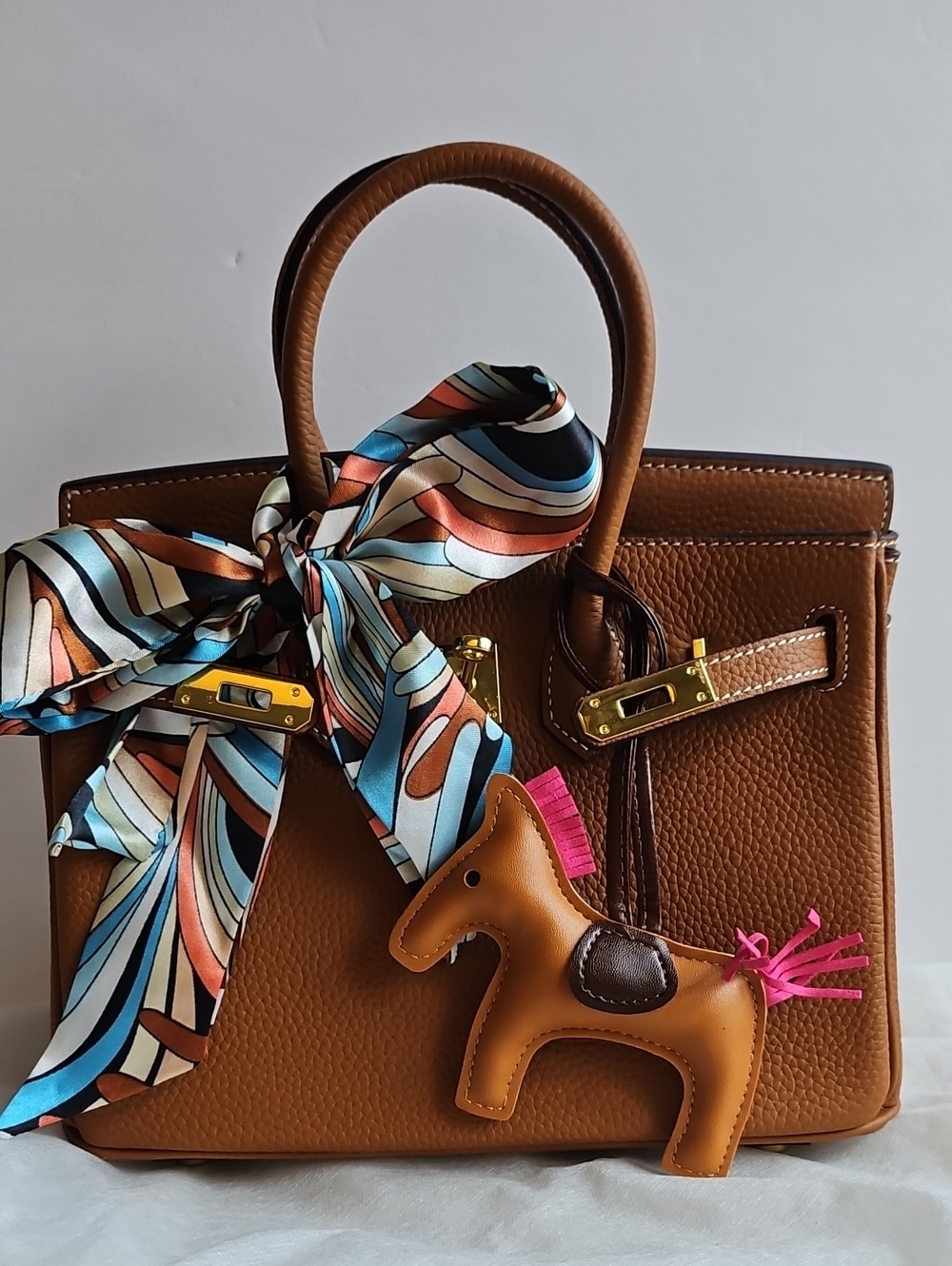 Classic Caramel Leather Top-Handle Bag with Scarf and Horse Charm Birkin Style